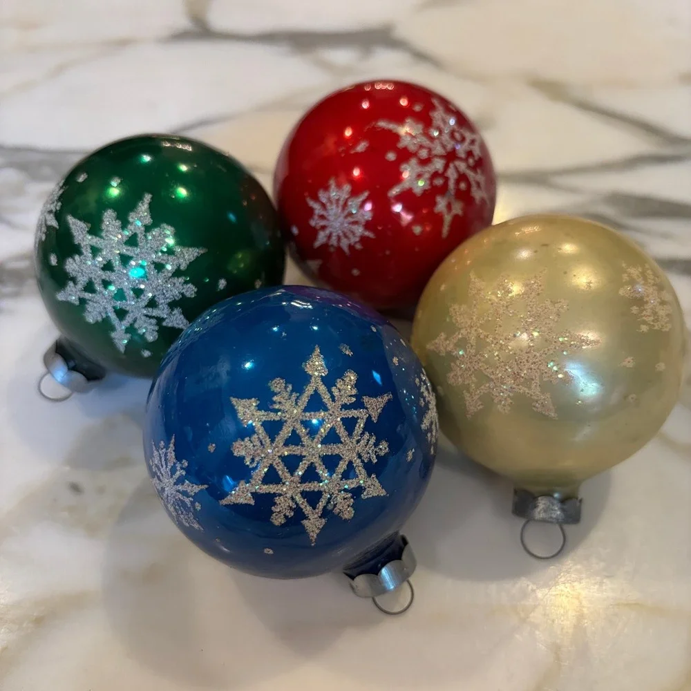 Vintage Glass Ball Ornaments Set of 4 Multicolor Snowflake Glitter MCM 2.5